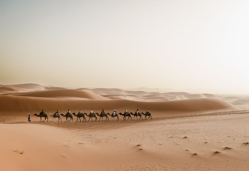 Caravana de camellos recorriendo las dunas de Merzouga